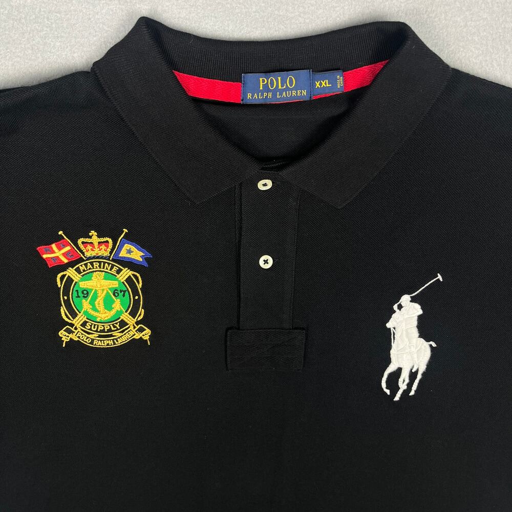 Polo Ralph Lauren Big Pony Marine Supply 1967 Crest Black Polo Shirt Men's XXL